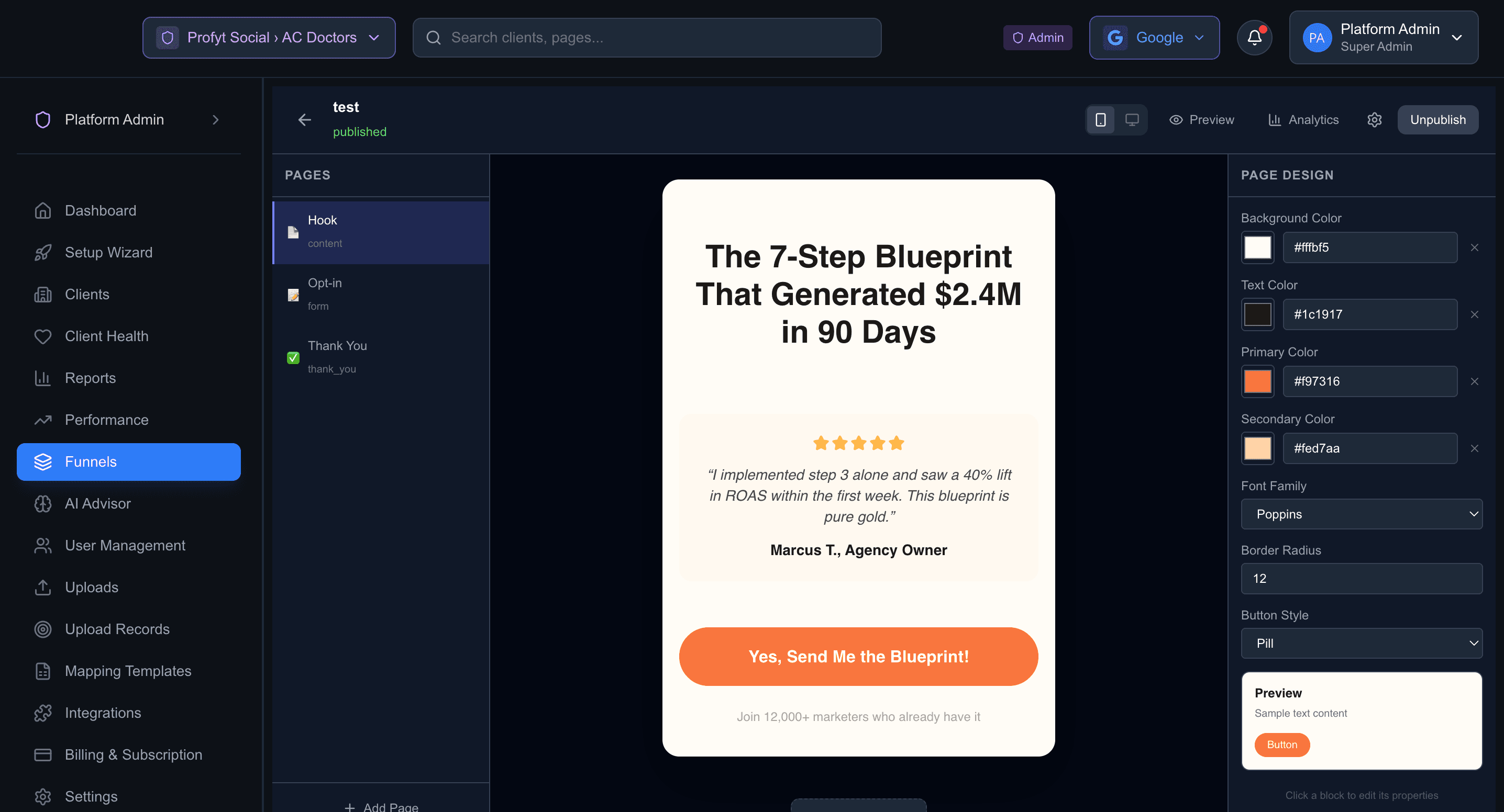 Funnel builder with page list and live preview